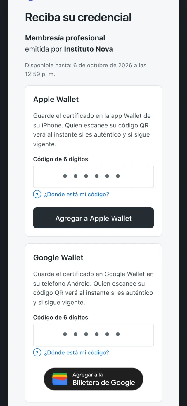 Página donde la persona recibe su credencial y la agrega a Apple Wallet