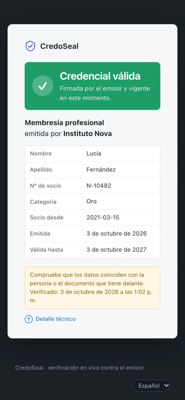 Resultado de verificación: credencial válida, firmada por el emisor